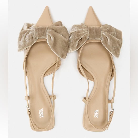 Zara Patent Pointed toe Flat Slingback Shoes Velvet Bow Tan 6.5 37 NWT - Picture 4 of 15